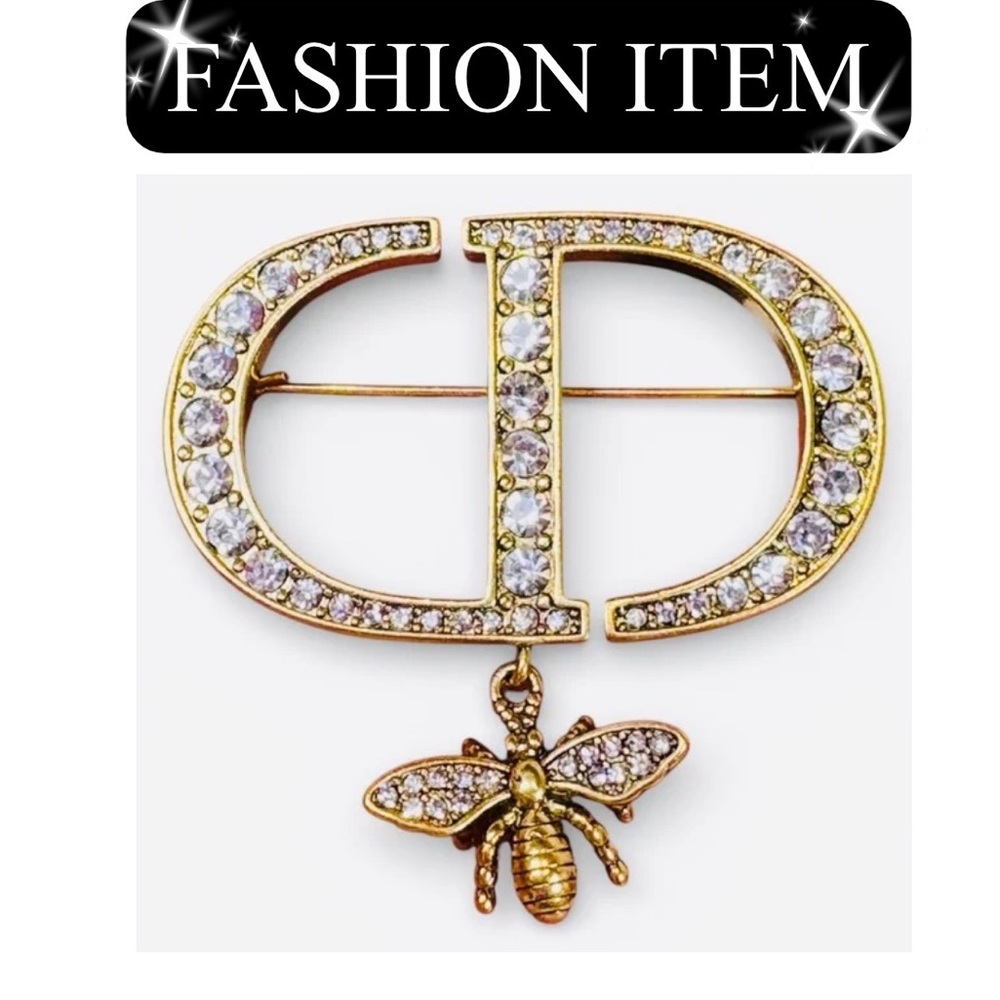 BROOCH: Gold-Tone Monogram & Bee Embellished w/Rhinestones, NWOT